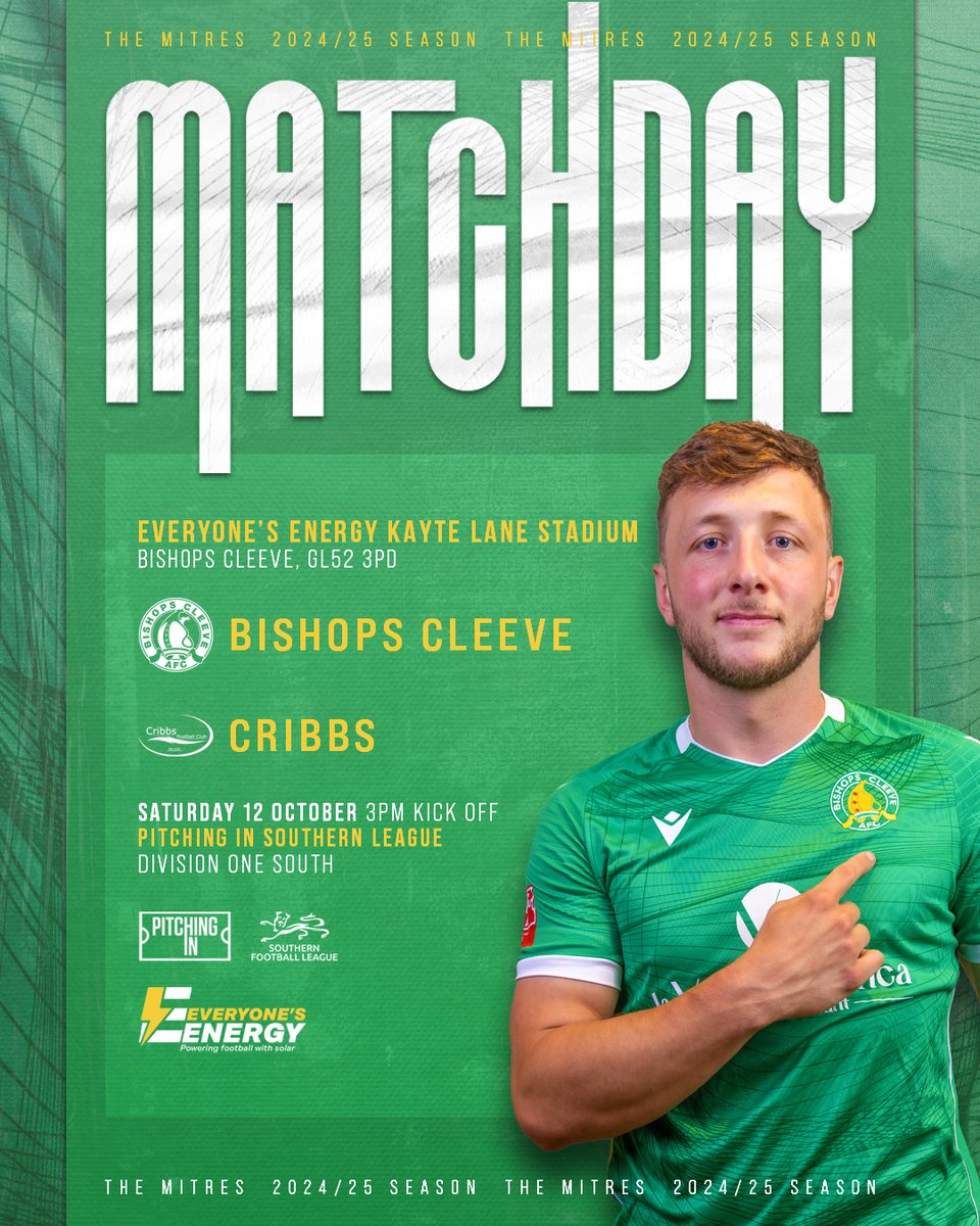 Bishops Cleeve FC (@bishopscleevefc) on Twitter photo The play of push starts today as the Mitres take on <a href="/CribbsFC/">Cribbs Football Club</a> in a big game for the boys in green 🟢⚪
We've got the usual food & drink options, pitchside DJ, football on TV & of course all the action on the pitch at 3pm ⚽️
Gates at 1pm, show your support, show your colours 💚 The play of push starts today as the Mitres take on <a href="/CribbsFC/">Cribbs Football Club</a> in a big game for the boys in green 🟢⚪
We've got the usual food & drink options, pitchside DJ, football on TV & of course all the action on the pitch at 3pm ⚽️
Gates at 1pm, show your support, show your colours 💚