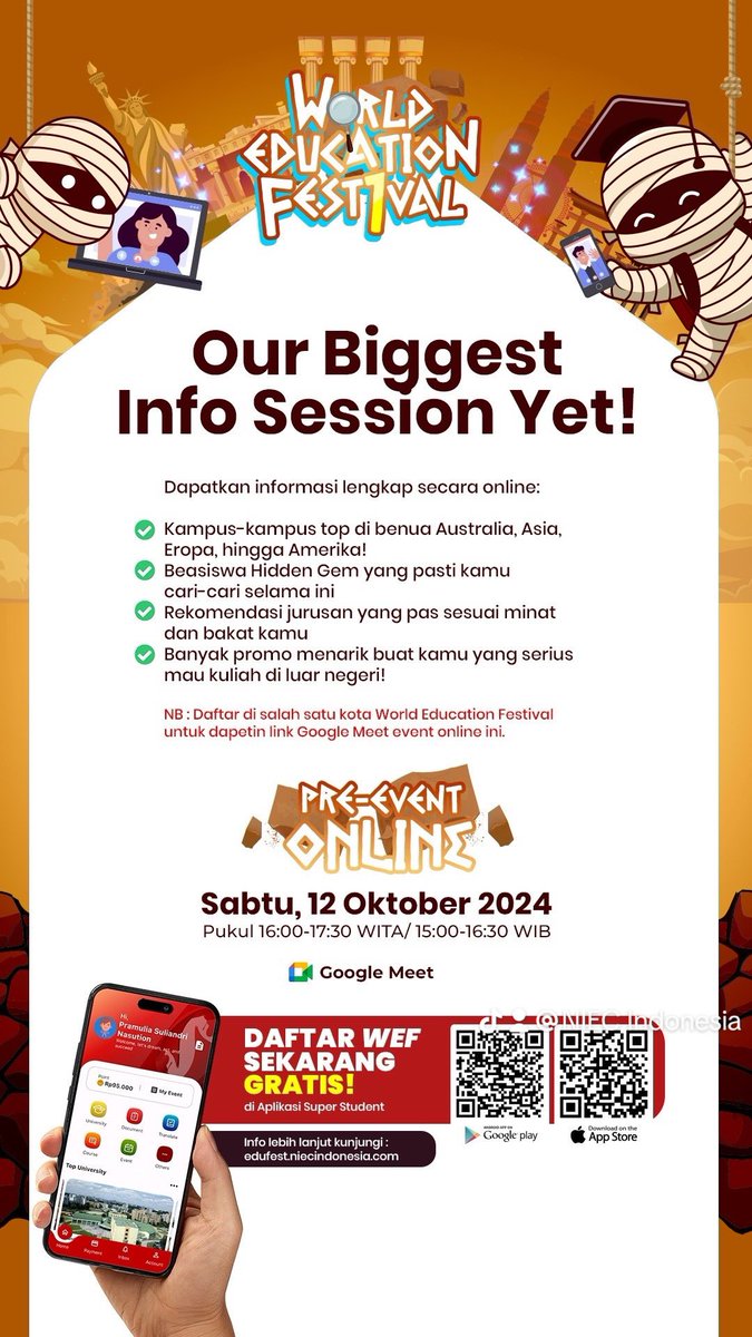 ‼️ World Education Festival via Online ‼️
😱SEBENTAR LAGII😱

📅 Sabtu, 11 Oktober 2024
⌚ Pukul 16:00 - 17:30 WITA
📍 meet.google.com/stf-ezkq-rej