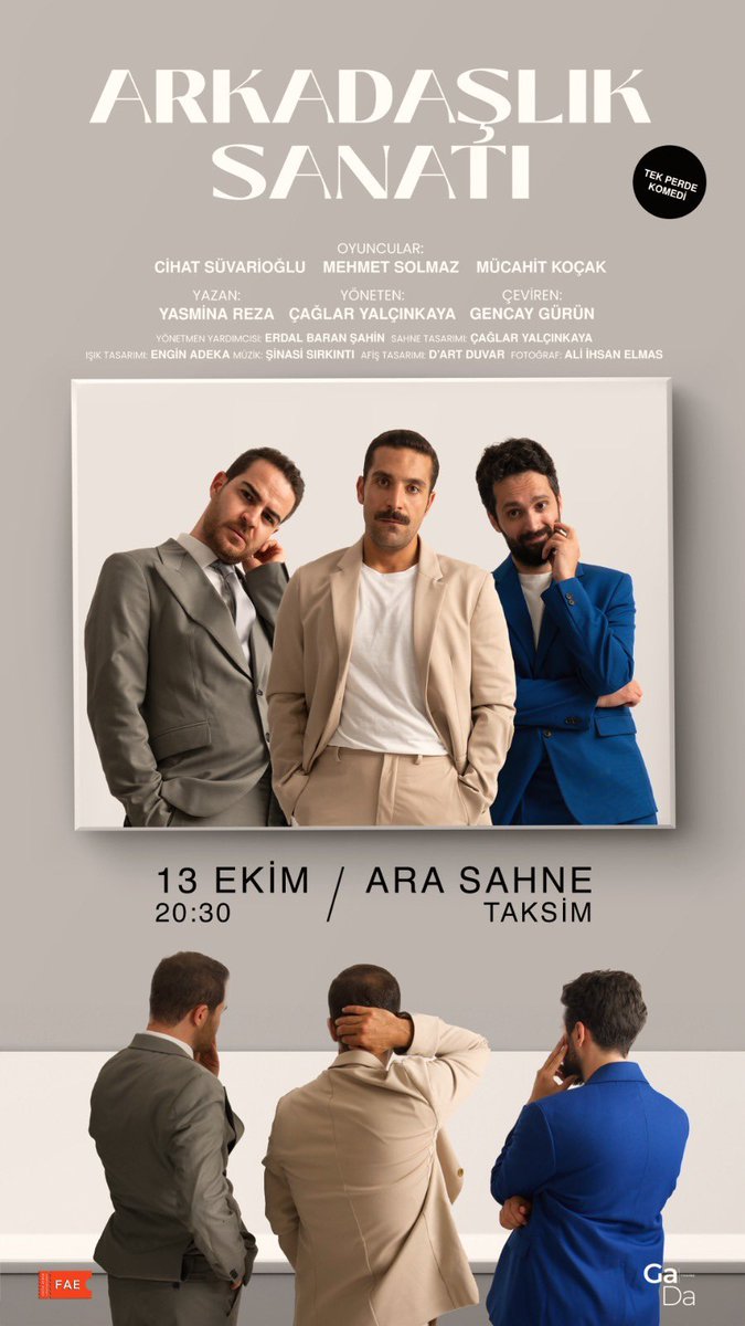 “Arkadaşlık Sanatı” Yarın Akşam 20:30 Taksim Ara Sahne’de.

Biletler: tiyatrolar.com.tr/m/tiyatro/arka…

#arkadaşlıksanatı #gadatiyatro