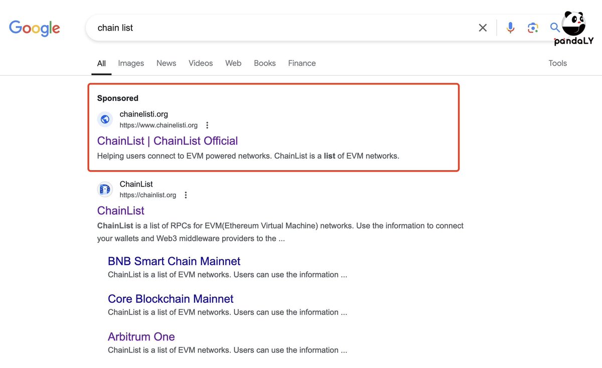 pandaly_CN's tweet image. 🚨PandaLY 安全警报

近期在 #谷歌 搜索 #Chainlist 的结果中出现了钓鱼广告链接。如果用户连接钱包并签署这些钓鱼链接，资金可能会被盗。请大家务必保持警惕，确保只访问官方链接。

❗️务必提高警惕，保护好您的资产。

#PandaLY #加密货币安全 #钓鱼攻击