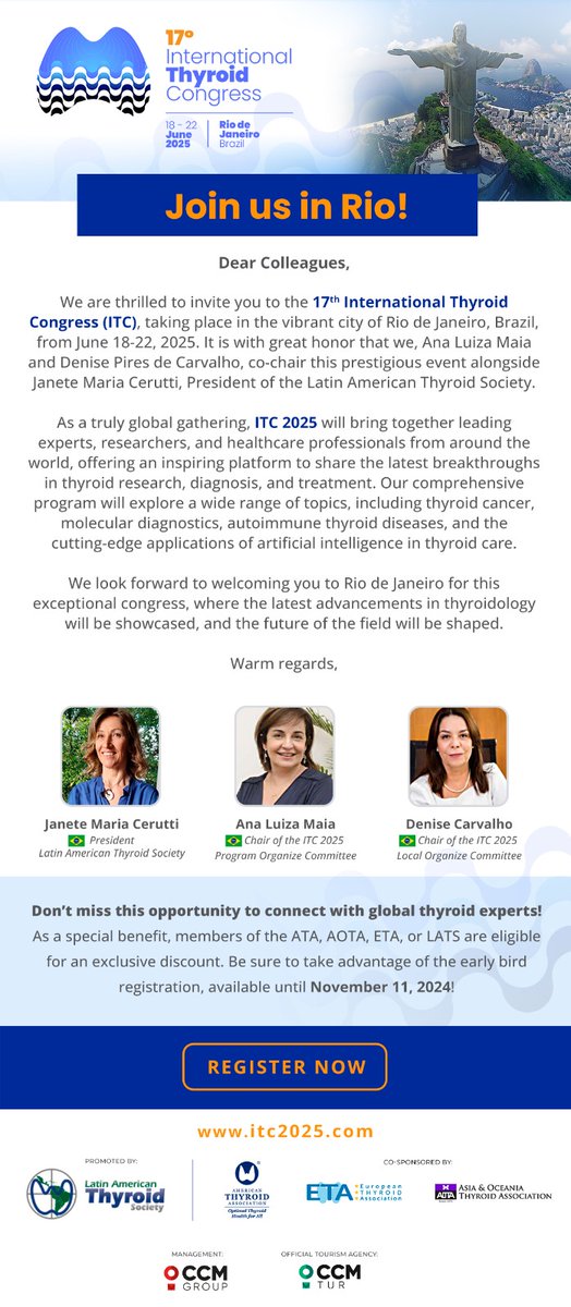 Save the date: The 17th International #Thyroid
Congress (ITC), will be held in the vibrant city of Rio de Janeiro, Brazil, from June 18-22, 2025.