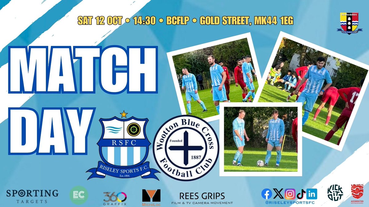 ⏱️ 14:30
🆚 <a href="/BlueWoottonMens/">Wootton Blue Cross FC</a> 
🏆 Beds County Premier
🏟️ Gold Street, MK44 1EG
📖 Matchday Programme (Free): issuu.com/riseleysportsf…
🍺 Open From Half Time
☕️ Coffee Kiosk Open 14:00