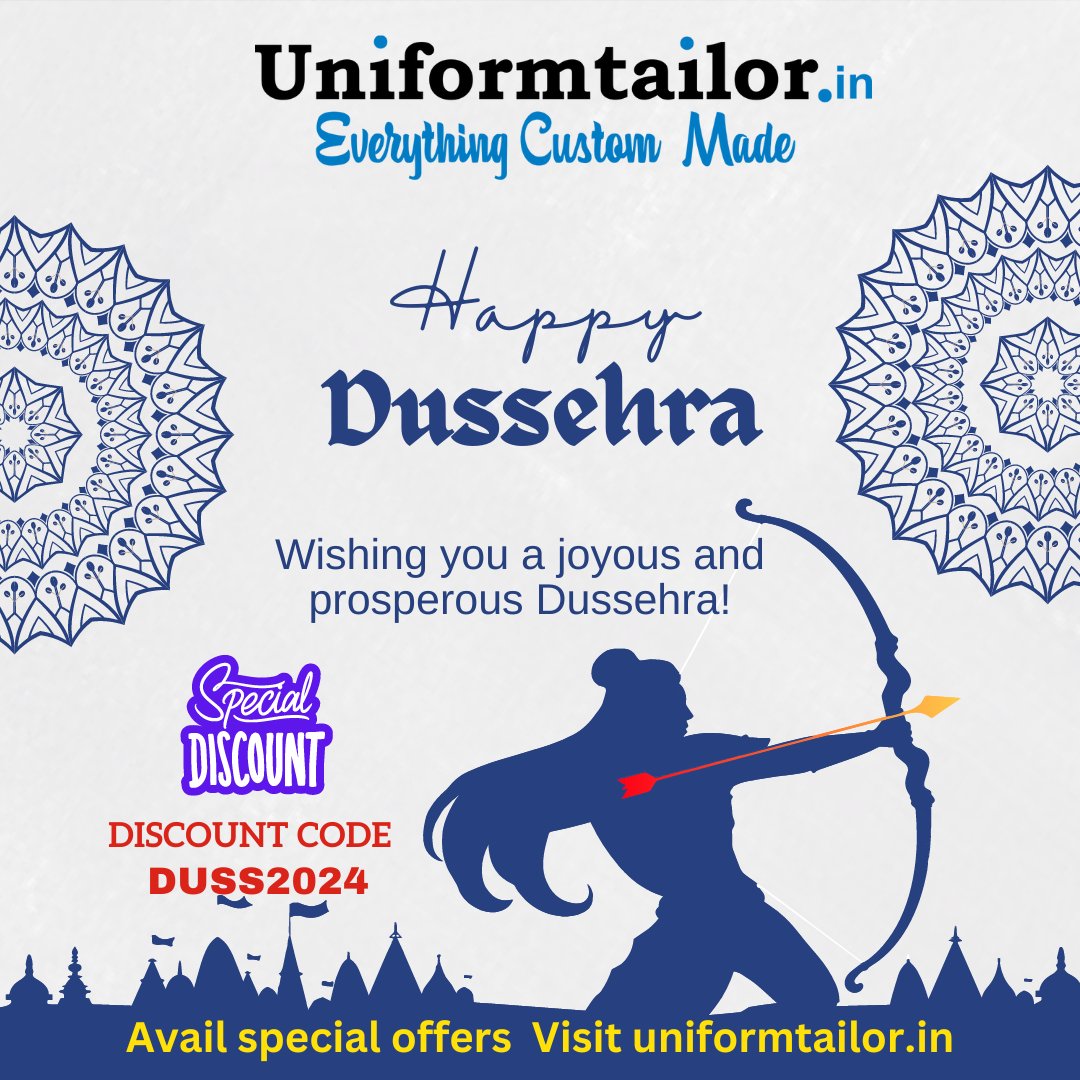 🎉 Happy Dussehra! 🎉

Uniformtailor Wishing you a joyous Dussehra! May this festive season bring prosperity and success to you and your bussiness. 🌟✨

Use Code: DUSS2024 at checkout for UPTO 24% OFF on all Customized Uniforms! 🛍️ Embrace the spirit of victory with amazing deal