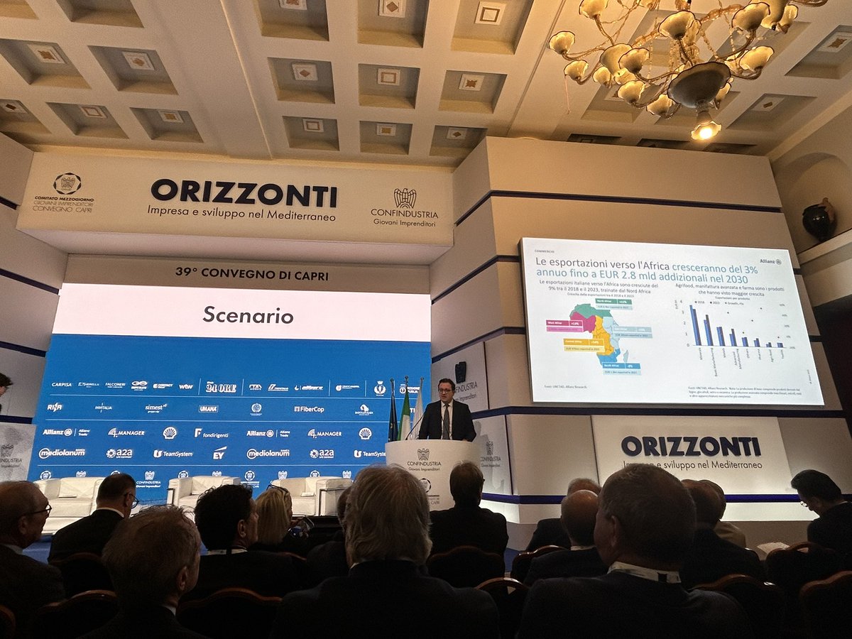 Le esportazioni verso l'Africa cresceranno del 3% annuo fino a EUR 2.8 mld addizionali nel 2030. Le esportazioni italiane verso l'Africa sono cresciute del 9% tra il 2018 e il 2023, trainate dal Nord Africa - a #Capri2024 Ludovic Subran, Chief Economist <a href="/Allianz/">Allianz</a>