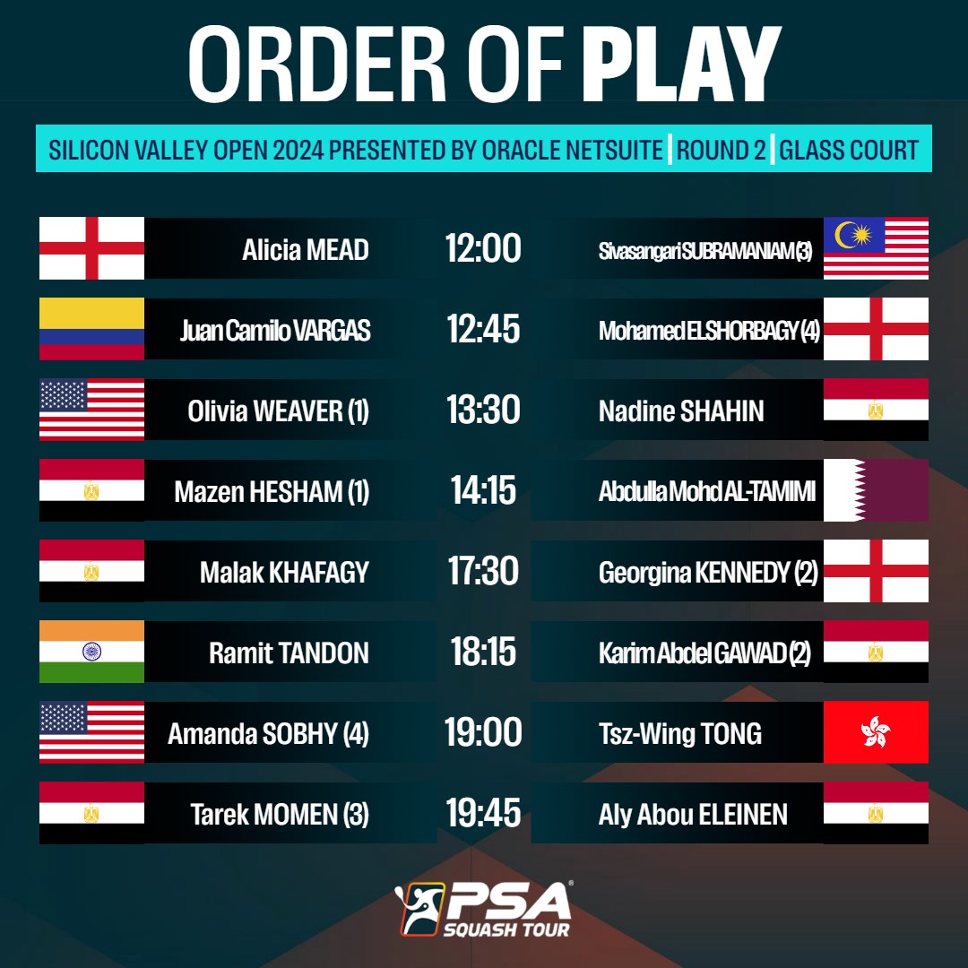 📺 Round two of the <a href="/SVOpenSquash/">SiliconValleyOpenSquash</a> gets under way today - and you can watch all the action on <a href="/SquashTV/">SQUASHTV</a>!

Here's what's coming up later on - all times are GMT-7 ⏰

Watch here 👉 squash.tv