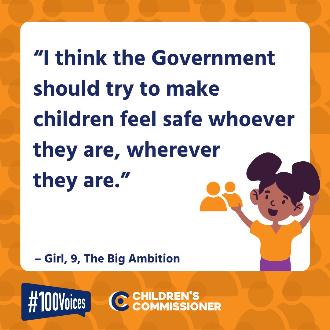 In #TheBigAmbition children told me they want Government to ensure there are things to do and spaces in their communities that they feel safe &amp; confident in: “I think the Government should try to make children feel safe whoever they are, wherever they are.” – Girl, 9. #100Voices