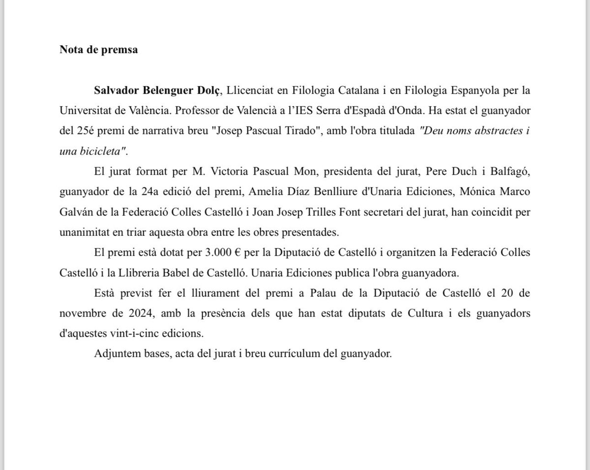Salvador Belenguer i Dolç guanya el XXV Premi de Narrativa Breu Josep Pascual Tirado, promogut per la Federació de Colles de Castelló, Unaria Ediciones i la Llibreria Babel, i atorgat per la Diputació de Castelló.

La nostra més sincera enhorabona al guanyador!