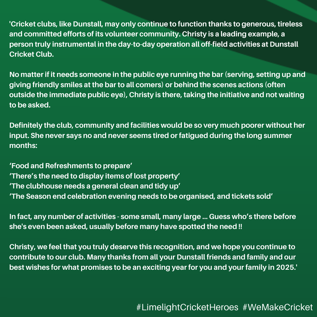 StaffsCricket's tweet photo. Time for the second October 'Cricket Heroes Award'! Sponsored by @limelight_uk

Thanks for everything Christy

#WeMakeCricket
#LimelightCricketHeroes
@DunstallCC https://t.co/aHjdnw0chj