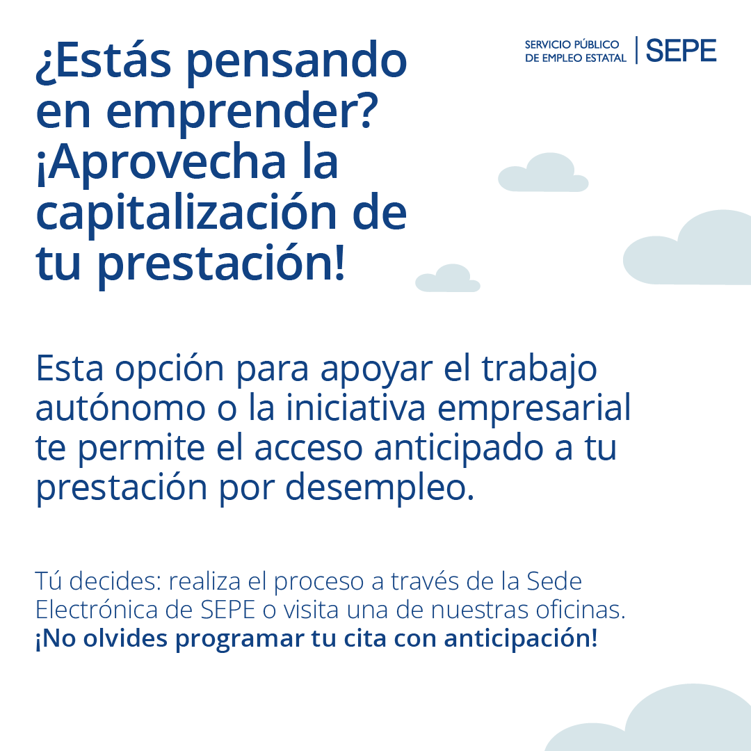 empleo_SEPE's tweet photo. 📣 ¿Estás pensando en emprender y necesitas un empujón económico?

💻 Puedes beneficiarte del pago único para montar tu empresa ⤵️

🔸 Aquí toda la información sobre la capitalización 👉 https://t.co/lohz4x3zwV https://t.co/NVh5nOkJIz