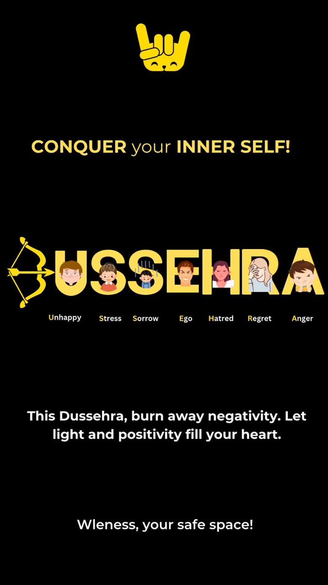 Celebrating Dusshera, the victory of good over evil! 

At Wleness, we help you navigate life's challenges with therapy, coaching, yoga, and more. Let’s embrace growth and conquer stress together. Wishing you a joyful, healthy, and harmonious festive season! #Dusshera #Wleness