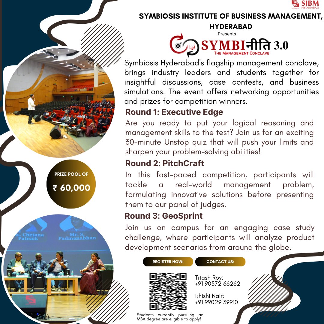 SIBMHYD's tweet image. Ready to showcase your management expertise?
Symbiनीति 3.0 is here with Executive Edge.
🏆 Prize: ₹60,000
📅 Round 1: 23rd Oct 2024
📍 Platform: Unstop
⏳ Register by: 21st Oct 2024
Top 5 MBA teams advance to the next round.
#SIBMHyd #Symbiनीति3 #ExecutiveEdge #Symbiosis