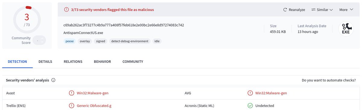 malwrhunterteam's tweet photo. "AESUMON SOFTWARE Incorporated" (@globalsign given cert) signed, close to FUD "AntispamConnectUS.exe" sample: c69ab262ac3f73277c4b9a777a408f57feb618e2e00bc2e66e8d97274083c742 https://t.co/eXXLDB62tS