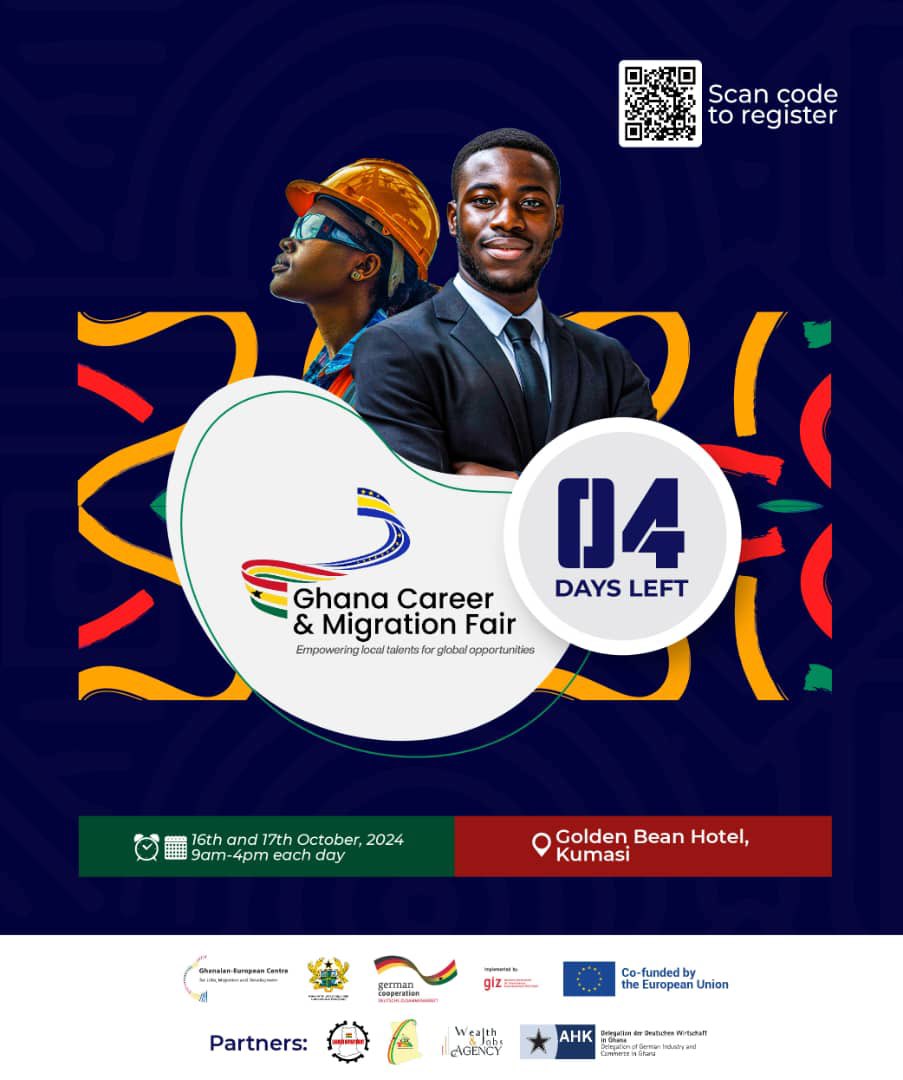 PrimeReachX's tweet photo. Countdown to Ghana Career and Migration Fair (GCMF24) 

4 Days Left! ⏳

Don’t miss the exciting conferences, presentations, panel discussions and an opportunity to interact with over 60 employers on 16th &amp; 17th of October at the Golden Bean Hotel, Kumasi. 

#GCMF2024 https://t.co/9xSMUXo7DR