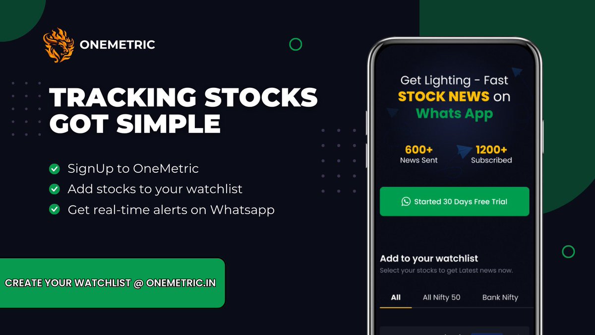 Onemetric_in's tweet photo. Get ⚡️instant FREE Alerts from OneMetric in 3 Simple Steps :
1. Sign up on https://t.co/58YTC65xDZ
2. Create your stock watchlist.
3. Get news & technical alerts on Whatsapp.
Start your journey with Onemetric FREE today!
#OneMetric #Trade_Better #MarketNews https://t.co/gqhFa6Nr7z