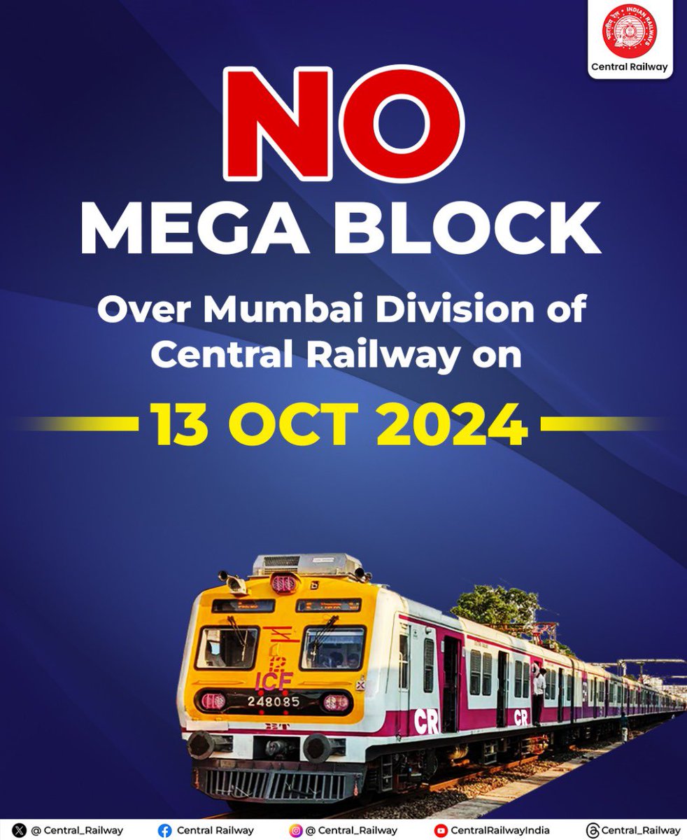Central_Railway's tweet image. Attention Passengers! 🚨 🚧
There will be No Mega block on the Main line &amp;amp; Harbour line during day hours on 13/10/2024 (Sunday). 
Plan your travel hassle free and have a smooth journey.
#MegaBlock #SundayBlock #HarbourLine