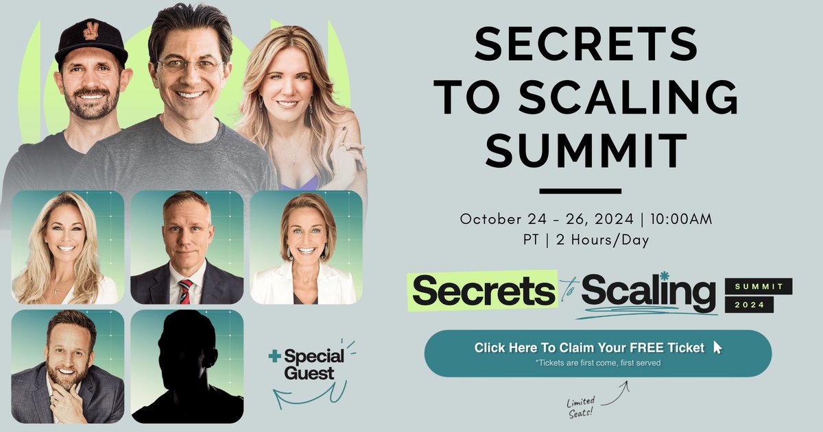 jamesidayi's tweet photo. The Secret to Scaling Summit 2024 - Free Virtual Event

Feeling stuck in your business? Working harder than ever but not seeing the growth you deserve? The Secrets to Scaling Summit is here to change that! From October 24-26, 2024, this FREE 3-day virtual event will teach you the exact strategies successful entrepreneurs use to scale their businesses—without adding more stress, employees, or overhead. 

In just 3 days, you'll learn how to:  

1️⃣ **Extract Your Hidden Gold**—Unlock the valuable knowledge and expertise you already have and turn it into profit.  
2️⃣ **Package It for Maximum Profit**—Create scalable products that can generate revenue with minimal ongoing effort.  
3️⃣ **Sell It and Scale It**—Discover how to effectively reach your ideal audience and build a steady income stream.

With expert guidance from Dean Graziosi and other top industry leaders, you'll walk away with a clear, actionable roadmap for growth. Whether you're a solopreneur or seasoned business owner, this summit is your opportunity to finally stop spinning your wheels and start building the business (and life) you've always wanted.

**Don’t miss out!** Spots are limited—grab your FREE ticket today and start scaling smarter.  
👉 [Click Here to Register] - https://t.co/D6bfJ4R8fE

#SecretsToScaling #BusinessGrowth #Entrepreneur #SmallBusiness