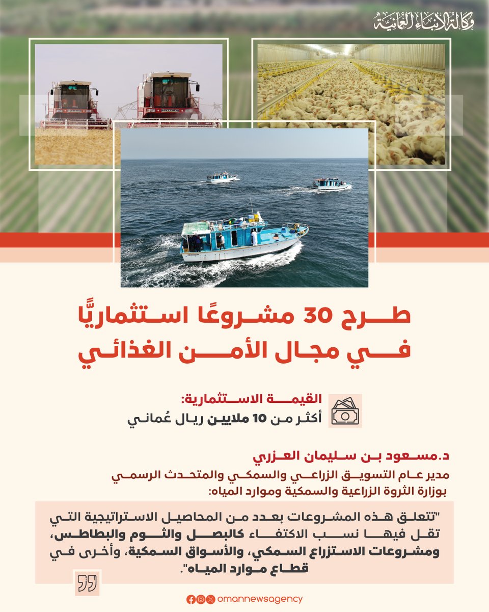 مدير عام التسويق الزراعي والسمكي والمتحدث الرسمي بوزارة الثروة الزراعية والسمكية وموارد المياه يقول لوكالة الأنباء العُمانية: سيتم بنهاية أعمال مختبر #الأمن_الغذائي توقيع 30 مشروعًا بقيمة استثمارية تتجاوز 10 ملايين ريال عُماني. 

2u.pw/mjGP1rfW

#العُمانية