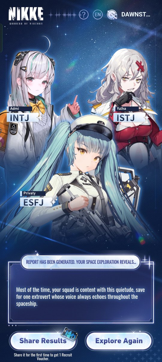 Set Sail for the Stars!
  #MyCosmicJourneyWithNikkes went like this!
  
  Take the test and find out what will happen in your space exploration with Nikkes in the unknown universe!
  
  #NIKKE #NIKKEmbti  nikke-en.com/socialshare/sh…