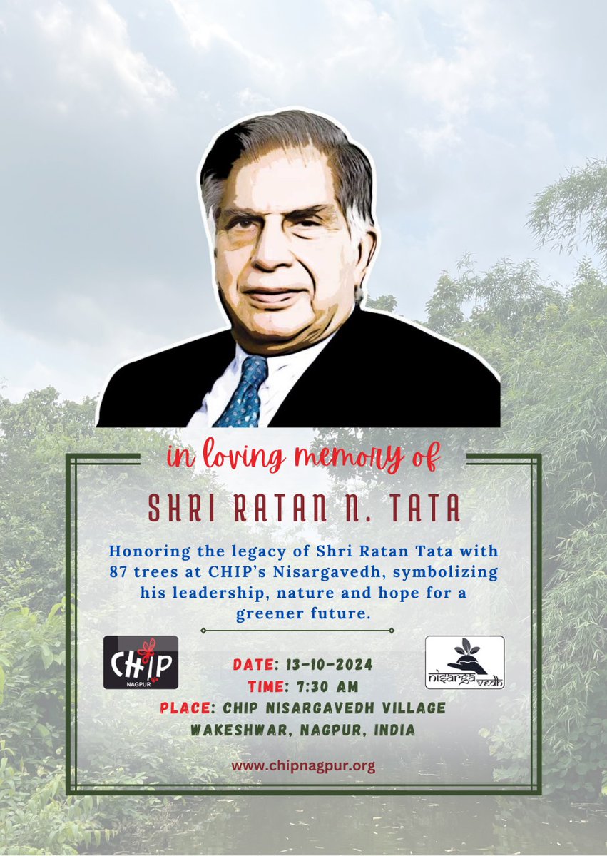 Jaydeep Das (@aianagpur) on Twitter photo Join us to plant trees in honour of the true 'Ratan' of Bharat. <a href="/ChipNagpur/">NGO CHIP Nagpur</a> #RatanTataSir #TataTrust #TataTrusts <a href="/RNTata2000/">Ratan N. Tata</a> #RatanTataLivesOn <a href="/ndtvindia/">NDTV India</a> <a href="/BBCHindi/">BBC News Hindi</a> <a href="/ABPNews/">ABP News</a> <a href="/IndiaToday/">IndiaToday</a> <a href="/TOIIndiaNews/">TOI India</a> <a href="/PMOIndia/">PMO India</a> Join us to plant trees in honour of the true 'Ratan' of Bharat. <a href="/ChipNagpur/">NGO CHIP Nagpur</a> #RatanTataSir #TataTrust #TataTrusts <a href="/RNTata2000/">Ratan N. Tata</a> #RatanTataLivesOn <a href="/ndtvindia/">NDTV India</a> <a href="/BBCHindi/">BBC News Hindi</a> <a href="/ABPNews/">ABP News</a> <a href="/IndiaToday/">IndiaToday</a> <a href="/TOIIndiaNews/">TOI India</a> <a href="/PMOIndia/">PMO India</a>