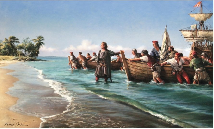 Cojo prestada esta impresionante obra, "La primera playa" de <a href="/DalmauFerrer/">Augusto Ferrer-Dalmau</a>, porque el pintor de batallas también tiene mucho de pintor de las grandes gestas de la historia de España.

¡Feliz día de la Hispanidad! 🇪🇸⚔️