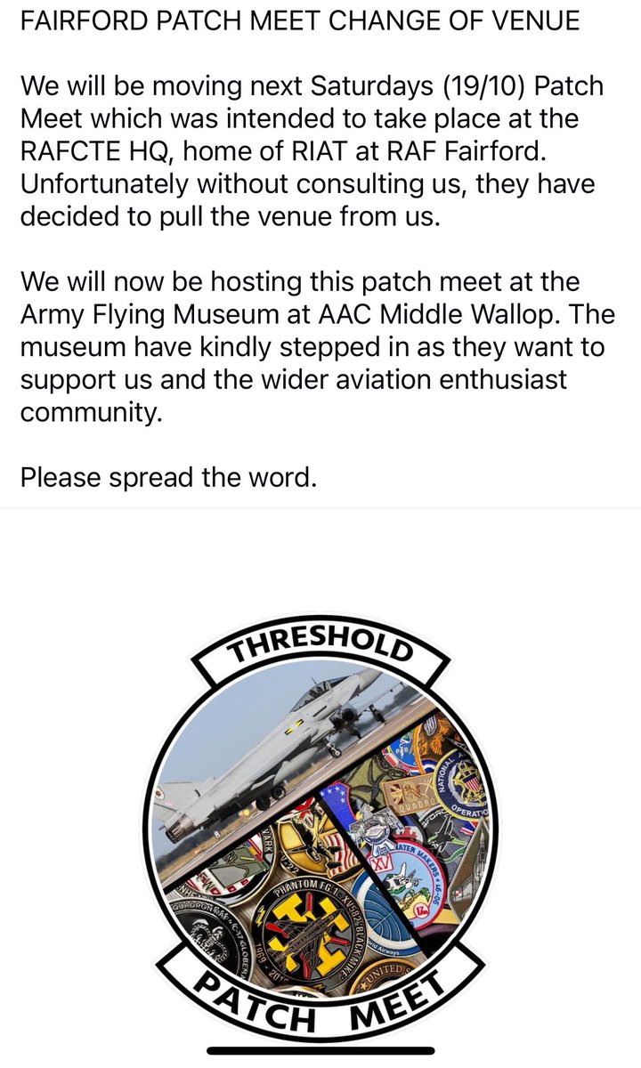 FAIRFORD PATCH MEET CHANGE OF VENUE

This will now take place at the Army Flying Museum at AAC Middle Wallop.
