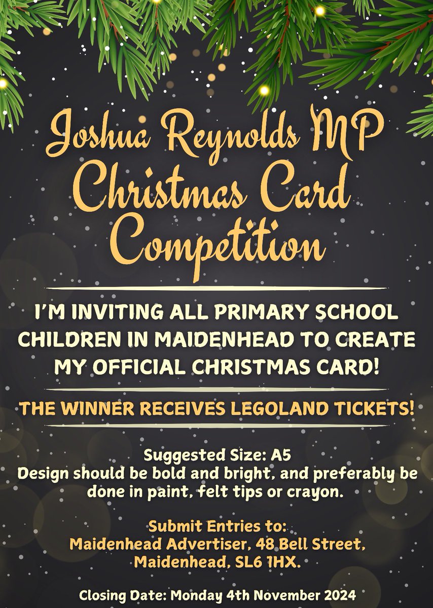 I'm inviting primary school children from across Maidenhead to come up with designs for my official Christmas card.

Entries for the competition should be sent to Maidenhead Advertiser, 48 Bell Street, Maidenhead, SL6 1HX.