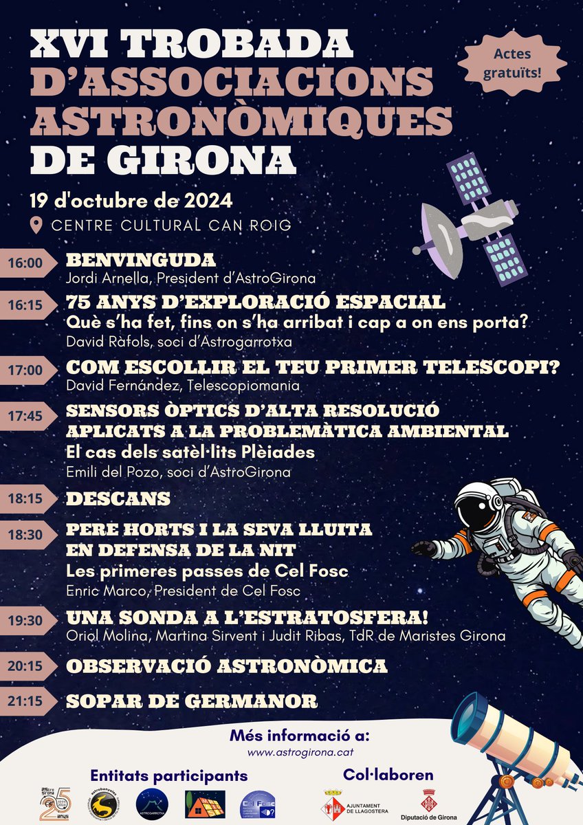 astro_girona's tweet photo. El proper 19 d’octubre celebrarem la XVI Trobada d'Associacions Astronòmiques de Girona. Hi ha programades una sèrie de xerrades sobre ciència i astronomia.
Us hi esperem!
📌 Llagostera
ℹ️ Més info:
https://t.co/bYThil4lEn https://t.co/vAOtdhTMEQ