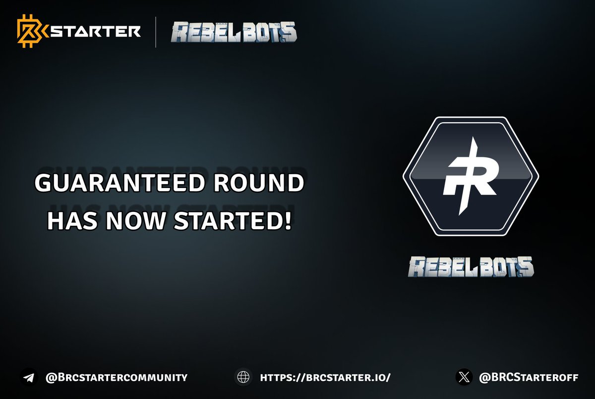 BRCStarters,

<a href="/REBEL_BOTS/">Rebel Bots</a> #Refundable #IDO is now live! 🚀

Guaranteed Round is now open; buy your guaranteed allocation, and if there is any allocation left, stay tuned for the FCFS round. 💰

✅ Buy Here: app.brcstarter.io/pool/rebelbots
🏦 Total raise: 100.000 USDT
✔️ Vesting: 30%