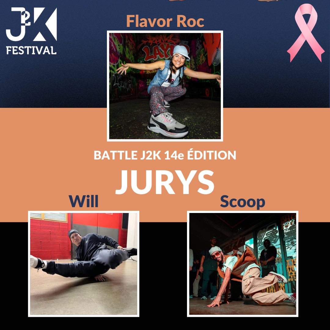 🔵🟠 #festivalj2k <a href="/Laval_la_Ville/">Laval la Ville</a> Nos Jurys #battlej2k  Une partie des bénéfices de la buvette tenue par #kdanselaval sera reversée pour la lutte contre le cancer du sein 🩷#audeladudivertissement #laval #lavallaville #paysdeloire #mayenne #france #breakdance #hiphop