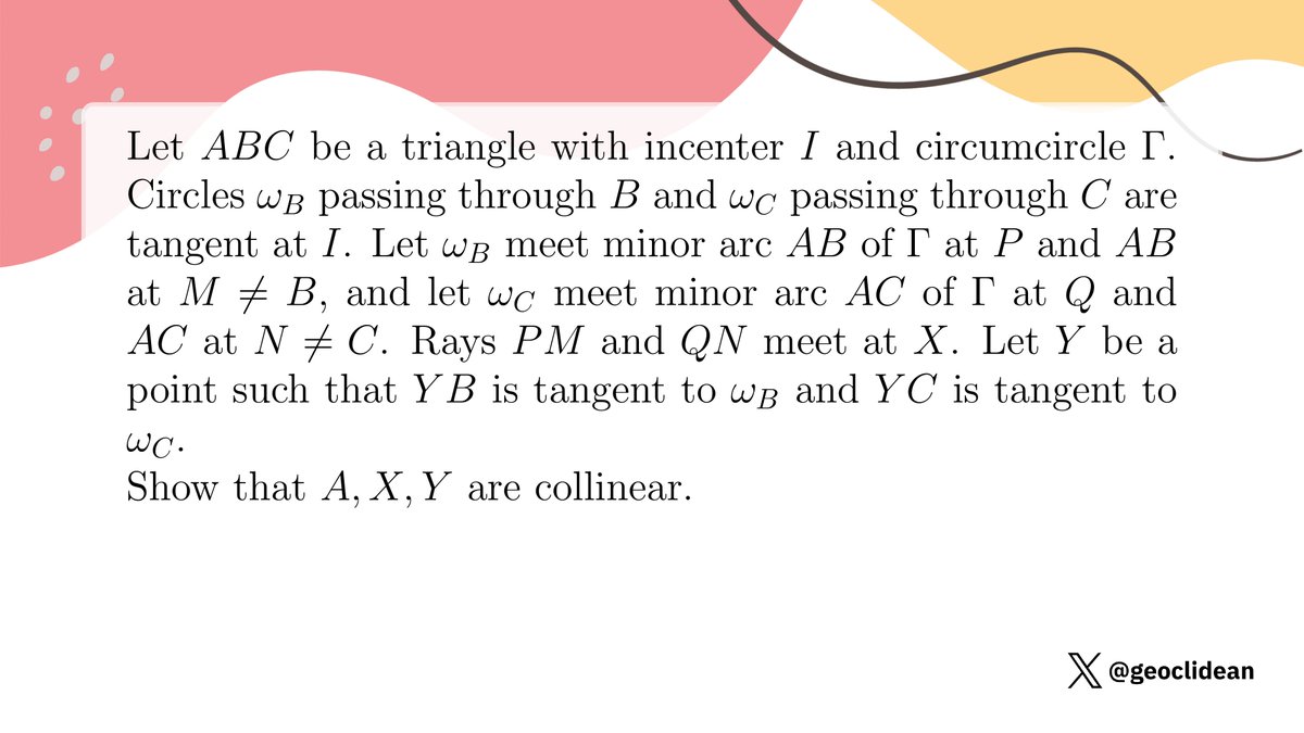 geoclidean's tweet photo. An I for an I
#Geometry #Incenter #Circumcircle #IMOShortlist #IMOShortlist2020 #Tangent #Collinear https://t.co/nYTuJgiNBV