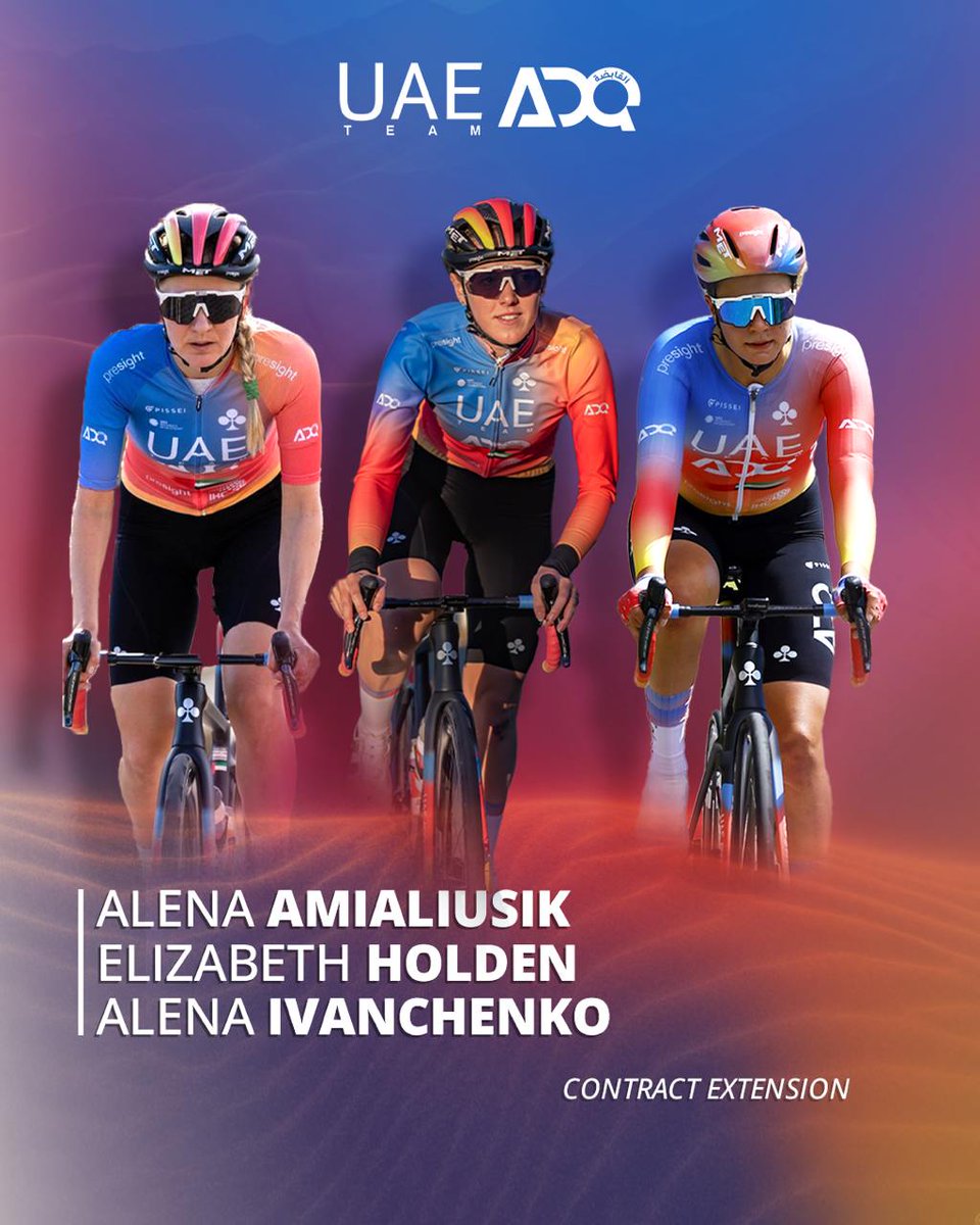 The ongoing development of a solid and competitive team for UAE Team ADQ continues with the contract renewals of three key riders: Alena <a href="/amialiusik/">Alena Amialiusik</a>, <a href="/lizzie_holden/">Lizzie Holden</a> and Alena Ivanchenko.

Thank you girls! ♥️

#UAETeamADQ #UnitedToBeStronger #WeRideToInspire
#Believe #WomenCycling