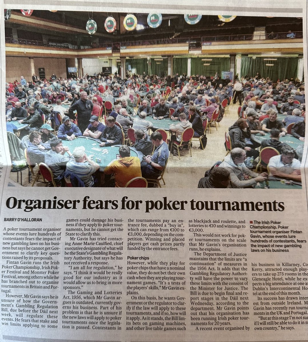MichaelDwyer64's tweet image. Poker tournaments are played by adults who put time, money &amp;amp; pride into developing their skills. The community is a key social outlet for older members, in particular, who compete &amp;amp; share a passion among friends. It self-regulates effectively. Ty @fintangavin &amp;amp; @IrishTimes