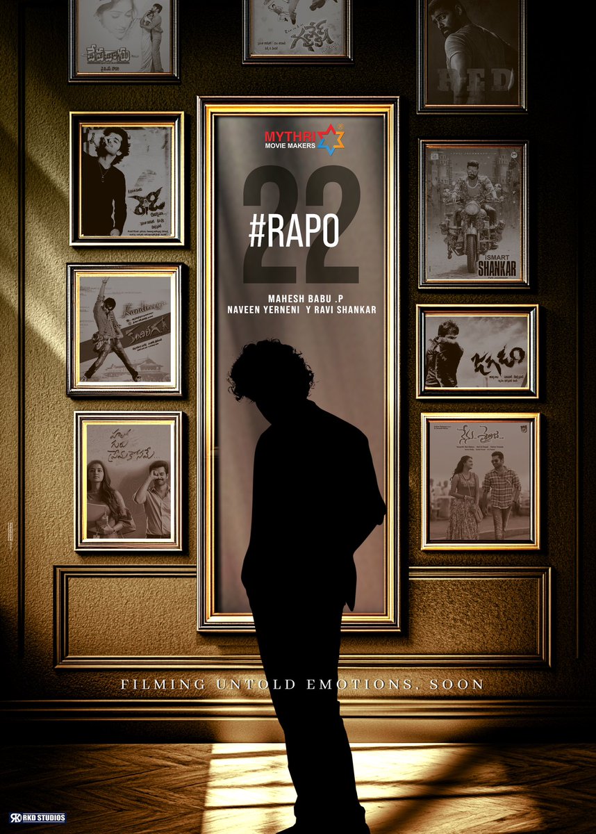 naveenkumarsayz's tweet photo. A film that will take up a colossal space on Ustaad's wall of fame ❤️‍🔥

#RAPO22 will channel all of RaPo's energy to tell a lesser told story.

Filming untold emotions, soon ✨

Starring @ramsayz 
Written and directed by @filmymahesh 
Produced by @MythriOfficial https://t.co/DEZ0QeSVAp