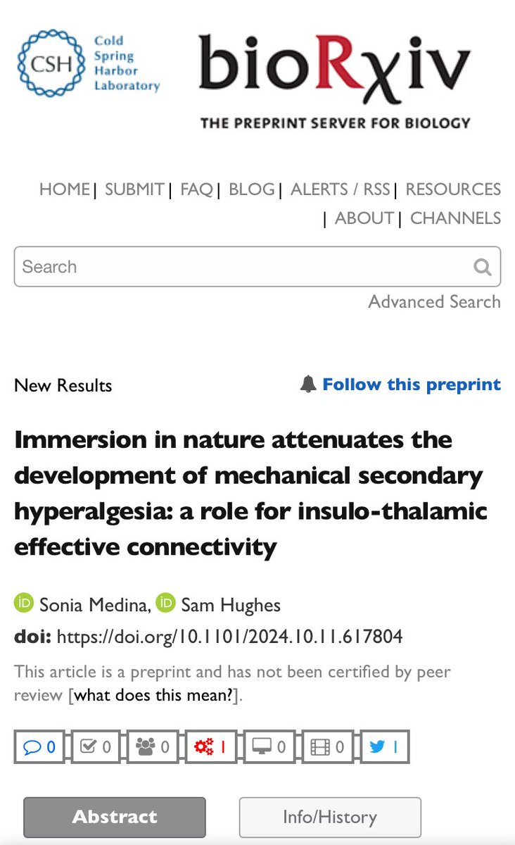 Soniamedher (@soniamedher) on Twitter photo New preprint alert 🚨🚨 Interest in nature-based social prescribing for chronic pain management is growing every day, but what are the mechanisms of nature-based analgesia? Very proud of this work, led by <a href="/SamNeuroPain/">Sam Hughes</a>. Check us out, more coming soon! 😉
biorxiv.org/content/10.110… New preprint alert 🚨🚨 Interest in nature-based social prescribing for chronic pain management is growing every day, but what are the mechanisms of nature-based analgesia? Very proud of this work, led by <a href="/SamNeuroPain/">Sam Hughes</a>. Check us out, more coming soon! 😉
biorxiv.org/content/10.110…