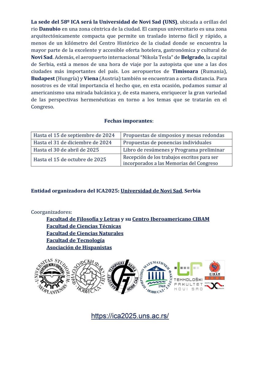 Hay 2025 en el horizonte 👀 

Seguimos recibiendo propuestas para el eje #Deportes que coordinamos con Adrián Tuninetti 🤓

58º Congreso Internacional de Americanistas (ICA) • 150 años

📍 30/6 al 4/7 de 2025
Universidad de Novi Sad, Serbia 🇷🇸

➕ info: ica2025.uns.ac.rs/wp-content/upl…
