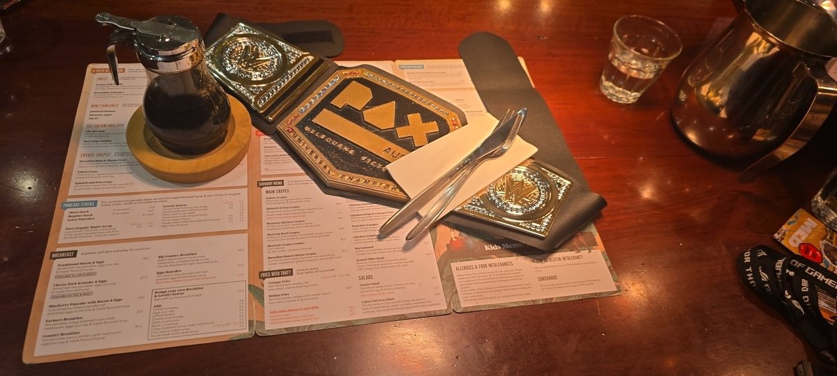 The belt is having a well deserved meal with <a href="/CHAOSCrewTwitch/">CHAOS Crew</a> <a href="/PAXAusChamp/">PAX Aus Championship</a> <a href="/Maddog_1992/">Maddog_1992</a> <a href="/PAXAus/">PAX Australia</a> #PaxAus247
