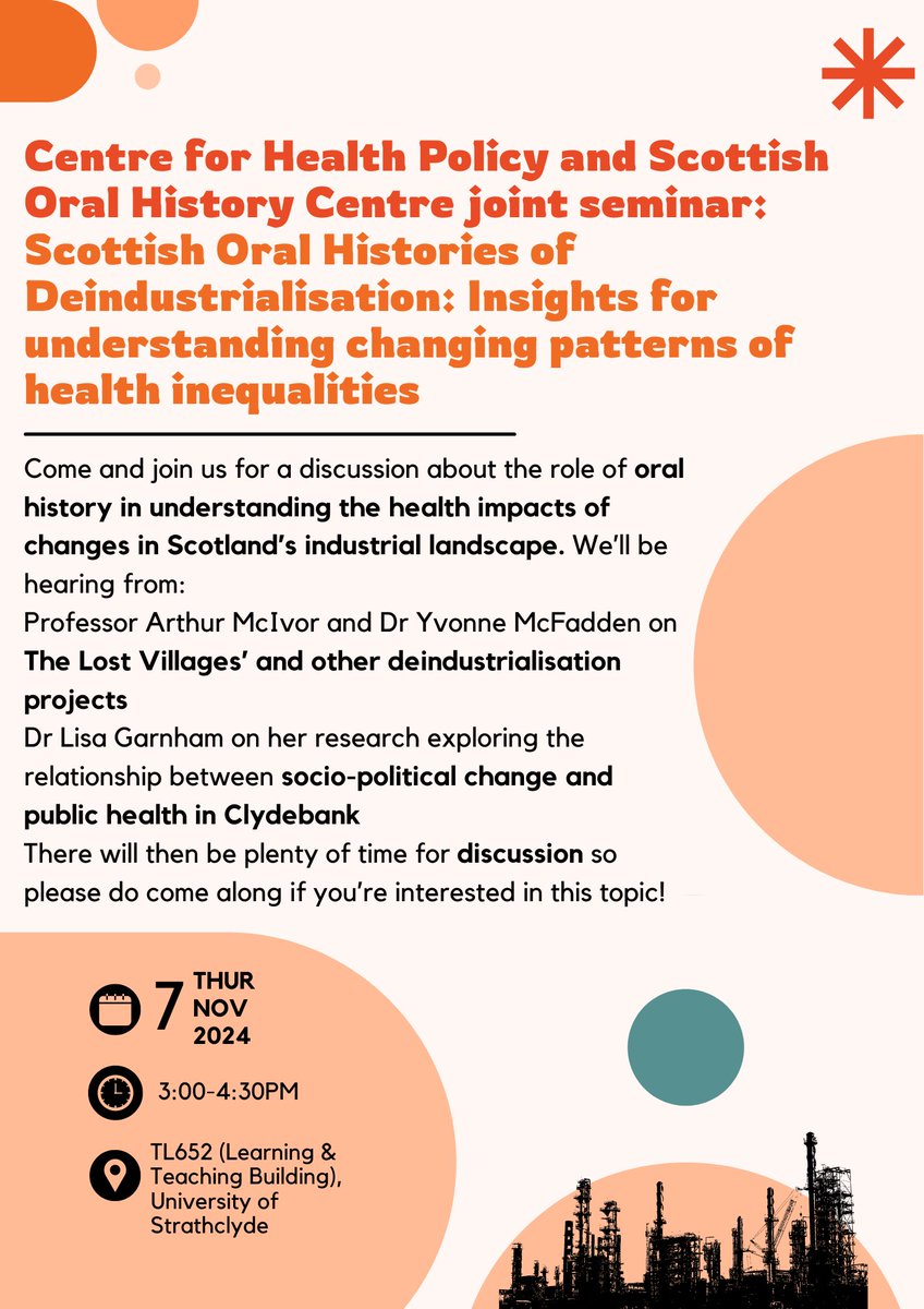 StrathHealthPolicy (@strathhealthpol) on Twitter photo Join us for a seminar and discussion about the role of oral history in understanding the health impacts of changes in Scotland’s industrial landscape; with insights from Dr Lisa Garnham, Prof Arthur McIvor & Dr <a href="/yvonne_mcfadden/">Yvonne McFadden</a> 🏴🏭 Join us for a seminar and discussion about the role of oral history in understanding the health impacts of changes in Scotland’s industrial landscape; with insights from Dr Lisa Garnham, Prof Arthur McIvor & Dr <a href="/yvonne_mcfadden/">Yvonne McFadden</a> 🏴🏭