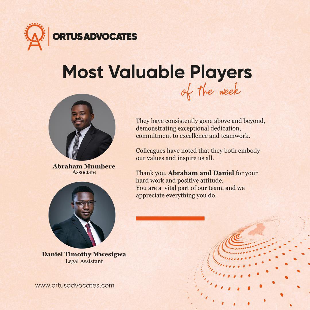 OrtusAdvocates's tweet image. We recognize our #MostValuabalePlayers who have lived our Firm values and performed exceptionally over the past weeks.

Congratulations Abraham and Daniel 🥳

#TrustedExperience
#LimitlessSolutions
