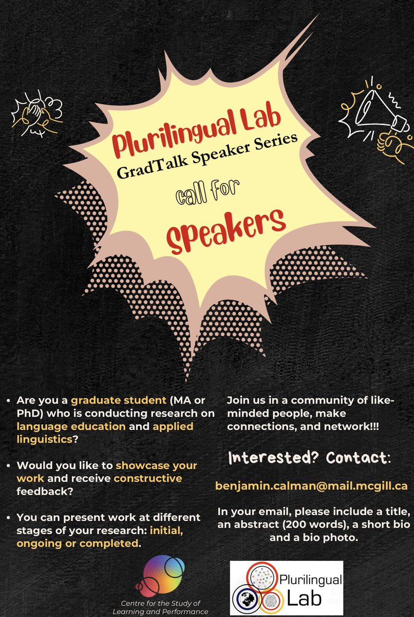Are you a graduate student conducting research in Applied Linguistics, Language Education or related fields? Would you like to showcase your work in a friendly environment? 
Join us as a speaker at the Plurilingual Lab GradTalks! More info here:
mcgill.ca/plurilingualla…
