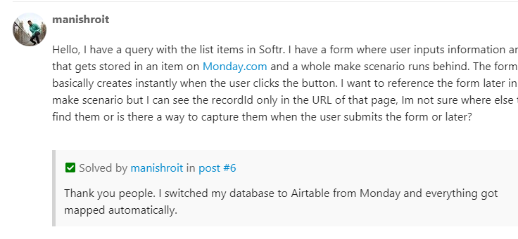 mannnroit's tweet photo. I initially tried to use @mondaydotcom as my #database  but @softr_io integration is in beta and I ran into lots of issues. The people at #softr #community were very helpful but I eventually switched to @airtable and it solved all my problems 😇

#SaaS #AI #app #software #NoCode https://t.co/nwnQOlHkde
