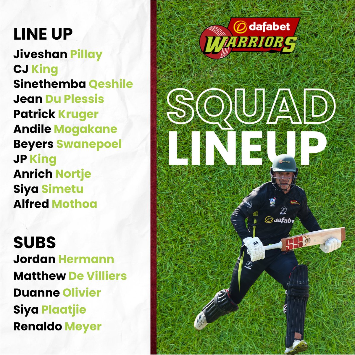 WarriorsCrickEC's tweet image. Here’s your Dafabet Warriors squad for today’s clash against the Auto Investment NW Dragons! 💪🏏 Ready to bring the heat! 🔥 

Who’s your pick for today’s standout player? 💯

#DafabetWarriors #TeamLineup #WarriorsVsDragons #CricketSquad #SaturdayGameDay