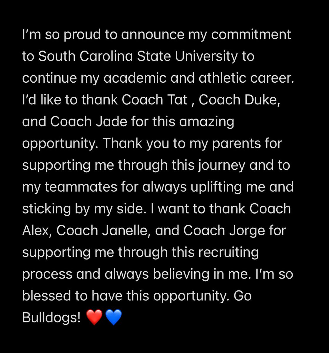 RubiBonilla2025's tweet photo. I’m so Grateful for all the coaches I have met during this softball journey &amp; everyone that has supported me and my dream to play in college.  So excited to be a Bulldog ❤️💙.  
@SC_State_SB @coach_duke22
#Committed  @SportPrepX @TopPreps @SBRRetweets @AScholarsBrand https://t.co/qgIcemMX4j