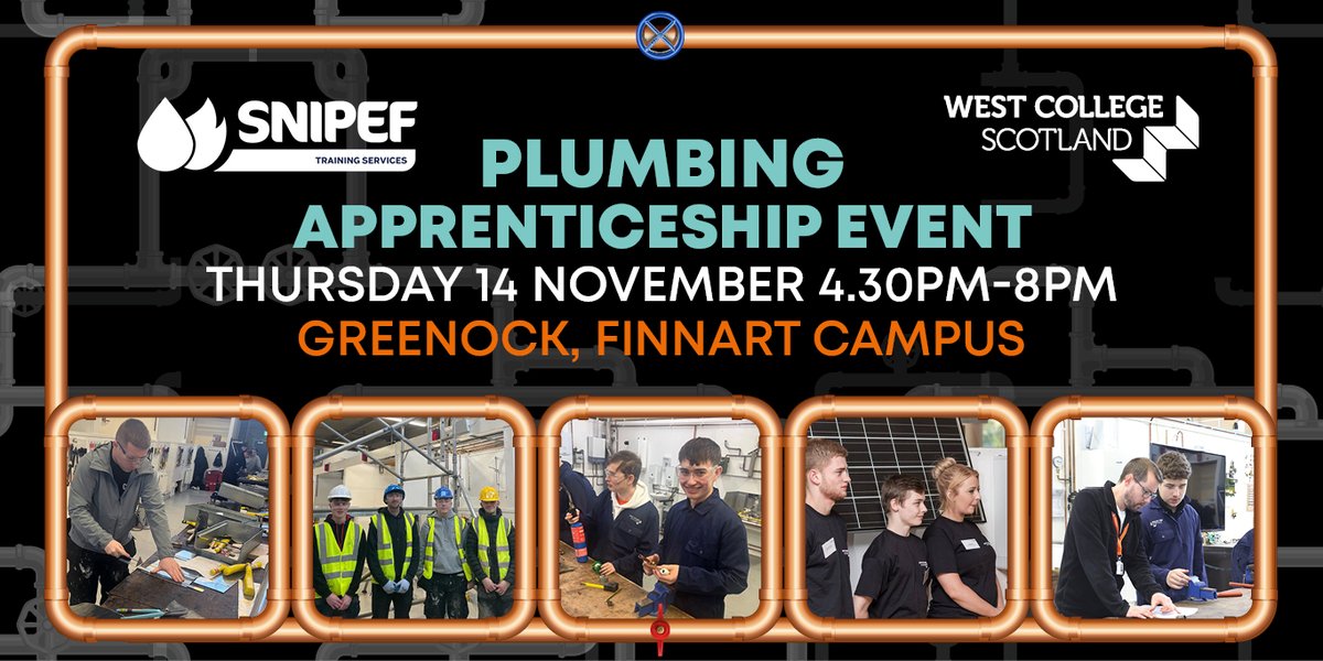 Are you an employer keen to find out more about taking on an apprentice? Come along to our @SNIPEFNews Plumbing Apprenticeship Event! 

📅 Thursday 14 Nov 4.30-8pm
📍 West College Scotland Greenock Finnart St campus
📩Contact lee.clark@wcs.ac.uk to register your interest
