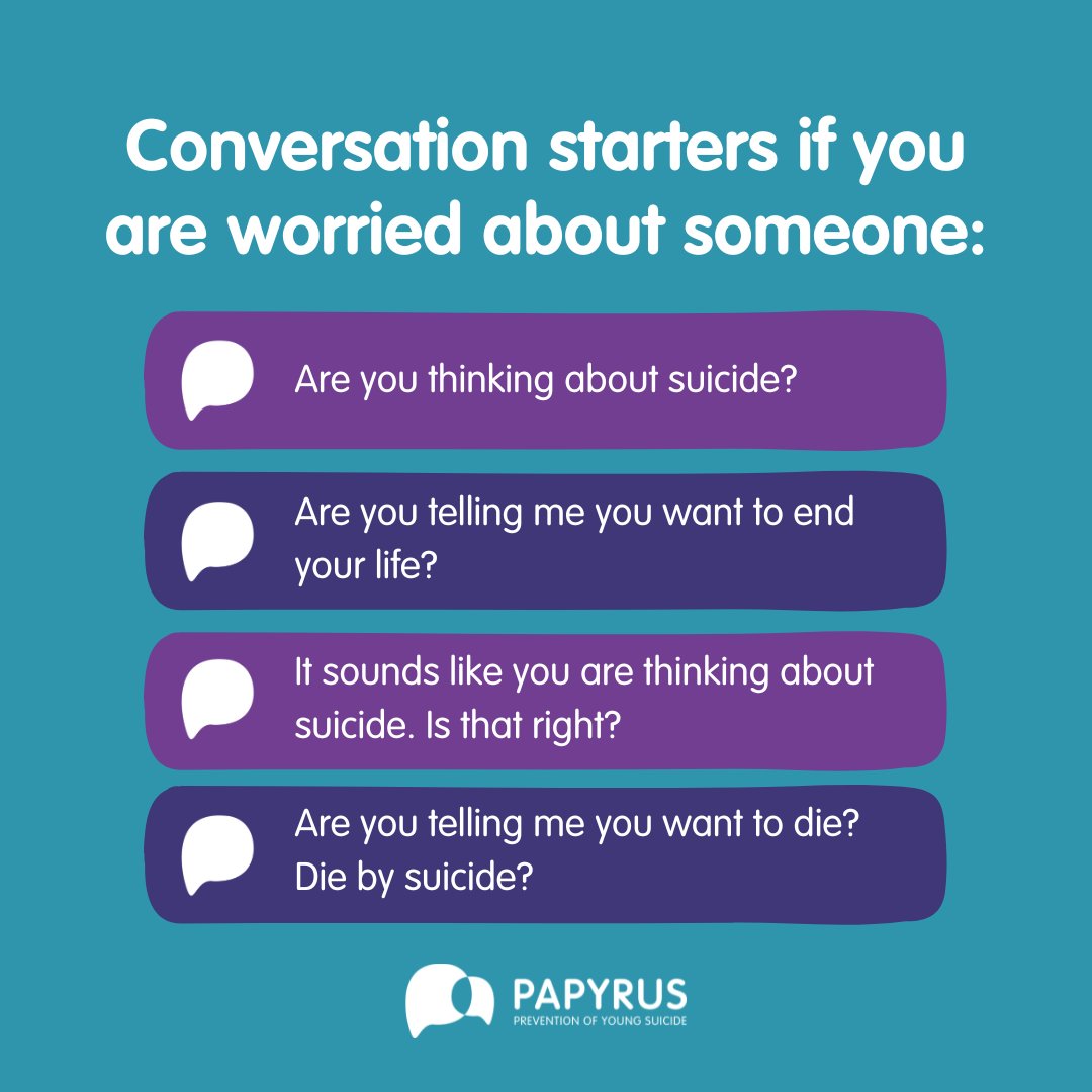 Asking about suicide saves lives but it can be hard to know where to start or how to help.

Here are some example conversation starters if you are worried about someone. 💜

#SuicidePrevention