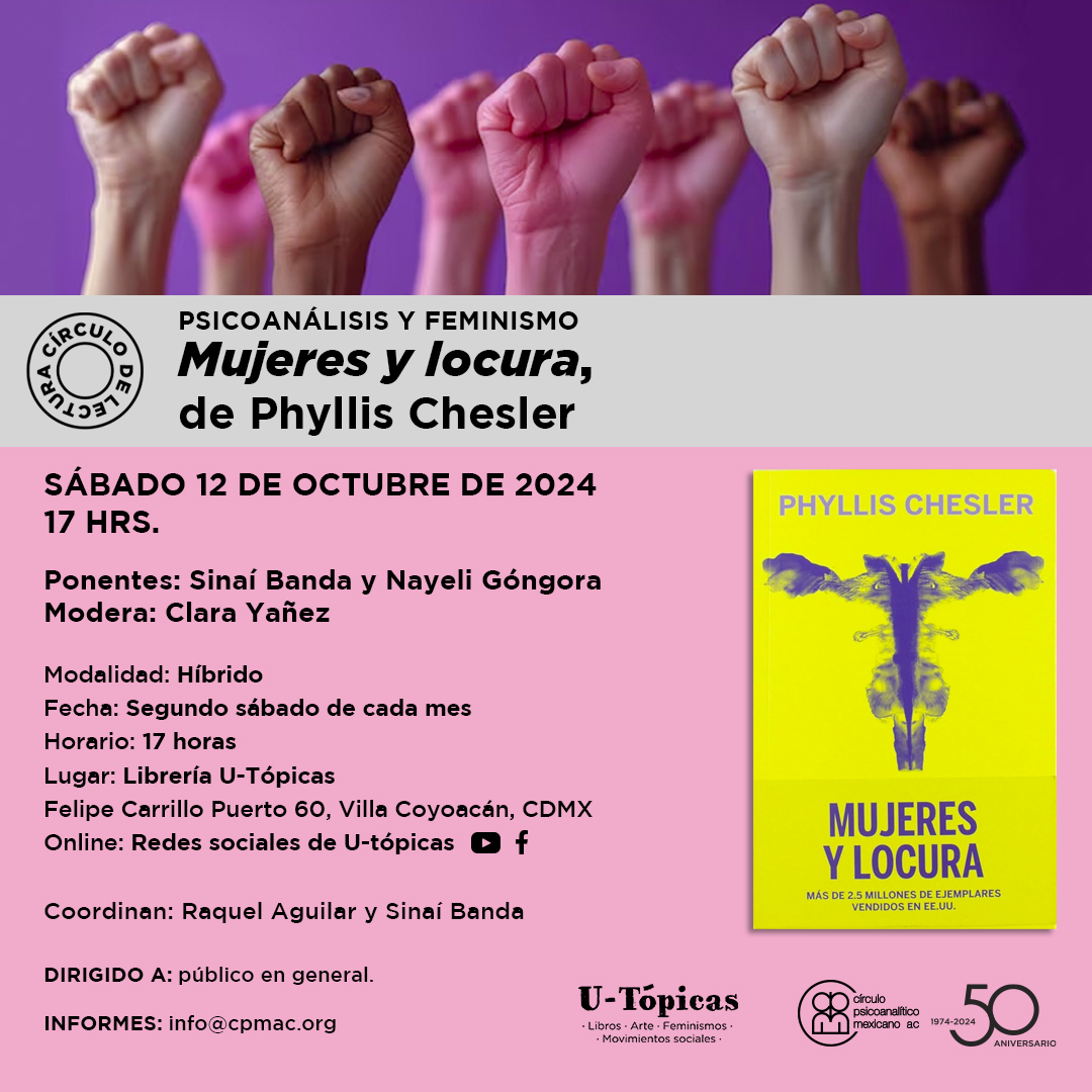 Hoy inicia nuestro Círculo de Lecturra sobre  feminismo y psicoanálisis.                                                                       
🕖 17:00 hrs                              
📍 Librería U-Tópicas (CDMX) y en redes sociales
Informes: info@cpmac.org