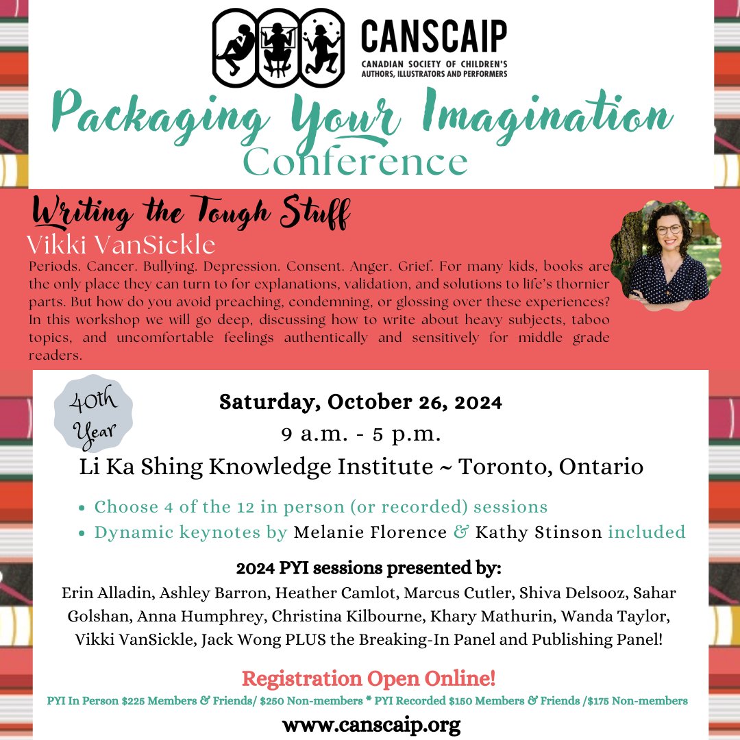 Big topics in #kidlit can be a challenge. How do you avoid preaching, condemning, or glossing over these experiences? Join Vikki VanSickle for “Writing the Tough Stuff” at PACKAGING YOUR IMAGINATION In-person &amp; recorded options. More info here: canscaip.org/PYI-Conference #PYI2024
