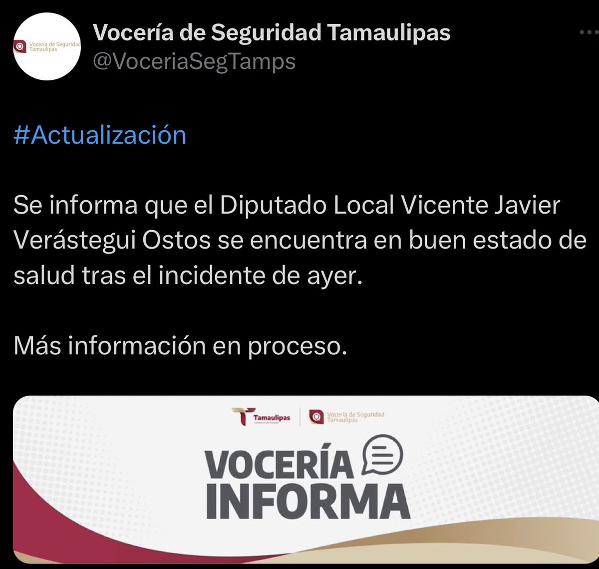 🚨 “Ya se encuentra con sus familiares y en buen estado de salud el Diputado Vicente Verastegui”: <a href="/FGJ_Tam/">Fiscalía General de Justicia de Tamaulipas</a> 

🚨Fue un auto secuestro??? 

#QueNoSeLePase facebook.com/share/19SzDiZF… #cdvictoria #Xicoténcatl #Tamaulipas 🚨