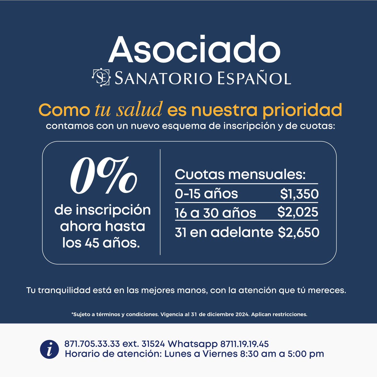 Por el éxito de nuestra promoción para ser ASOCIADO de Sanatorio Español, extendemos la edad límite hasta los 45 años sin costo de inscripción.
Porque la Laguna merece la mejor atención, te damos la bienvenida a nuestra familia.

¡Pide informes y asóciate ya!