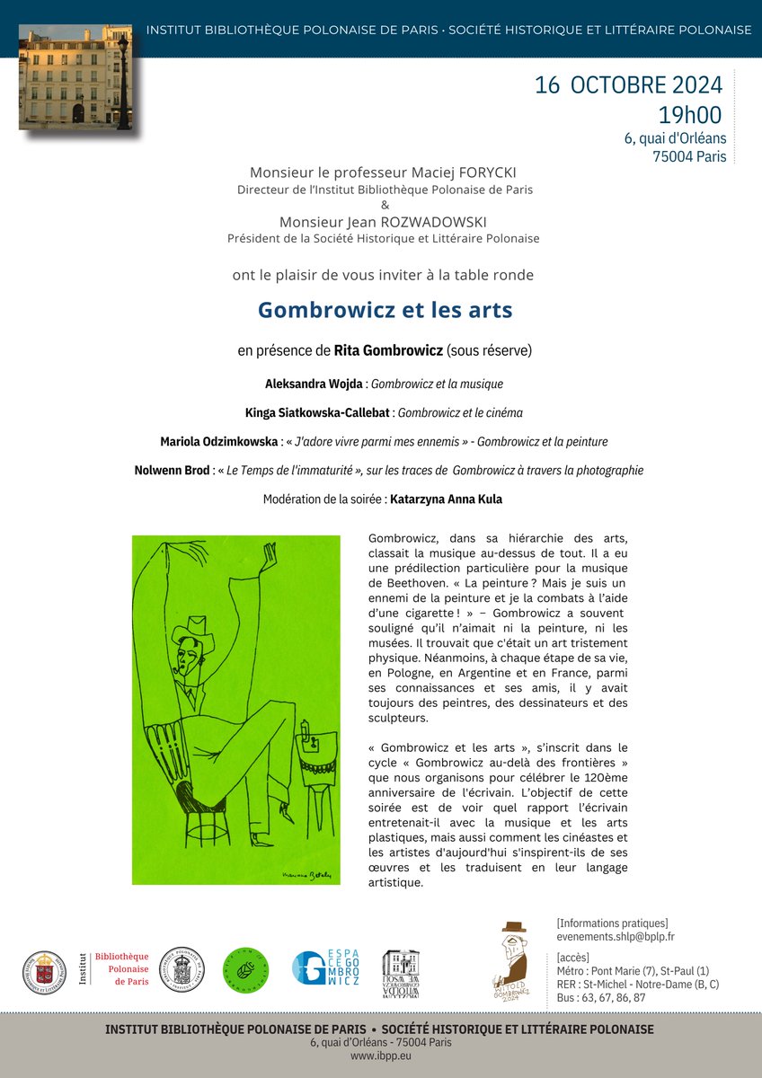 #Gombrowicz #Arts #Paris 16.10. 19h, Bibliothèque Polonais de Paris, 6 quai d'Orléans