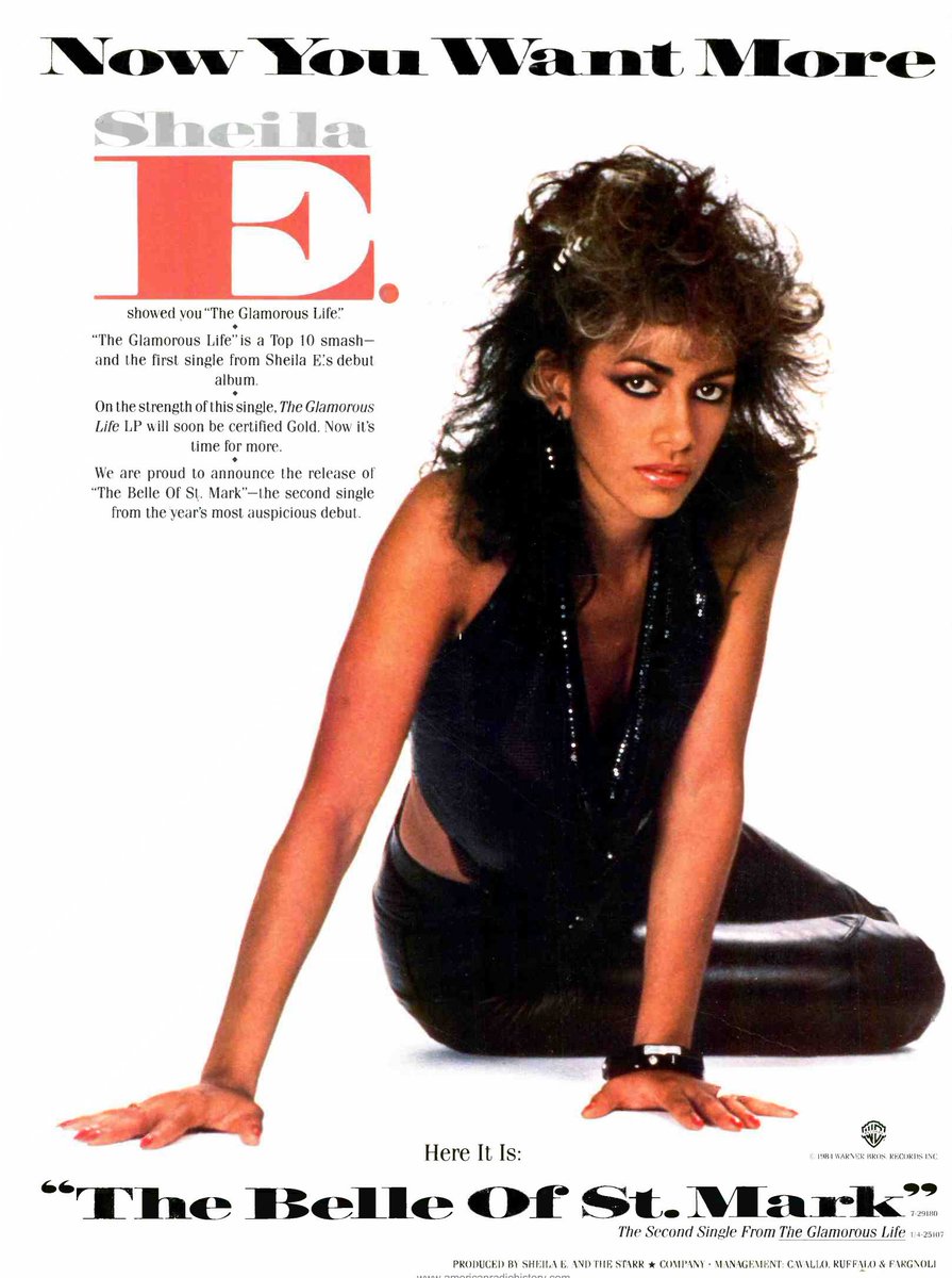 Advertisement for Sheila E's "The Belle of St. Mark" which was released as a single 40 years ago today.

The single reached no. 34 on the Billboard Pop Chart, no. 36 on the Billboard Black Chart, and also appeared on the UK's Gallup Top 40 Singles Chart, reaching no. 18